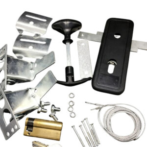 Garage door lock kit with steel latch, lock cylinder, and mounting hardware for enhanced security. Suitable for residential and commercial garage doors, easy to install, and built to last.