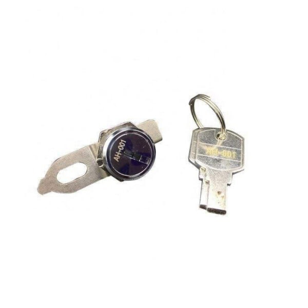 Close-up of a combination cam lock key and lock mechanism designed for secure cabinet doors, featuring a durable metal construction and a key with a transparent plastic head.