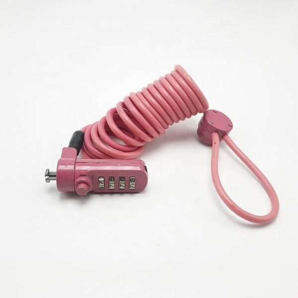 A pink coiled security lock with a combination dial designed for home, travel, and outdoor safety. Ideal for securing lockers, bikes, and personal valuables with a durable, flexible cable and easy-to-use combination mechanism.