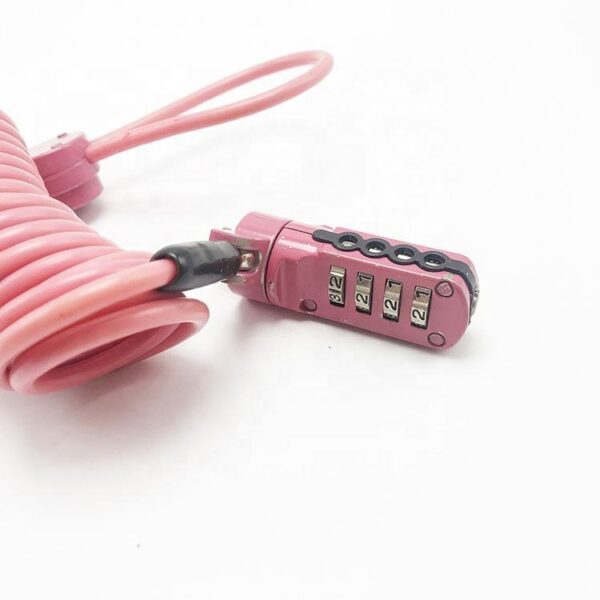 Secure pink combination lock with coiled cable for home, office, and travel security purposes.