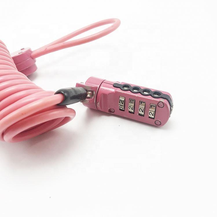 Secure pink combination lock with coiled cable for home, office, and travel security purposes.