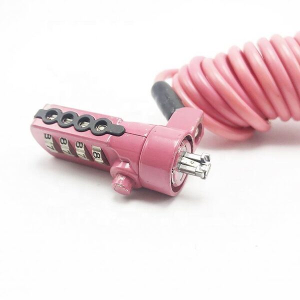 A pink combination cable lock and security device with a flexible coiled cable, offering reliable protection for various locks and safes.