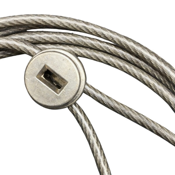 Close-up of a steel cable lock with a key lock mechanism, used for securing laptops and electronic devices to prevent theft.