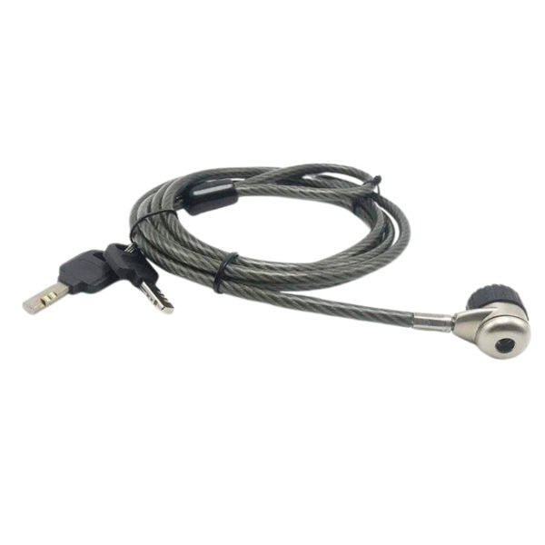 Steel cable lock with key and USB connector for securing laptops and preventing theft, ideal for office and travel security.