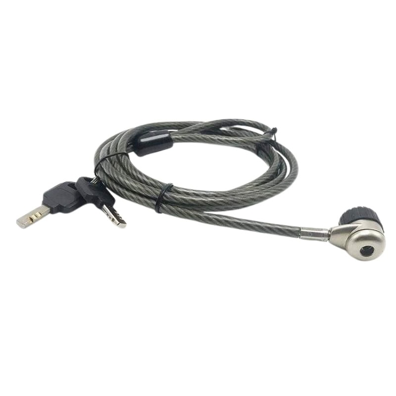 Steel cable lock with key and USB connector for securing laptops and preventing theft, ideal for office and travel security.