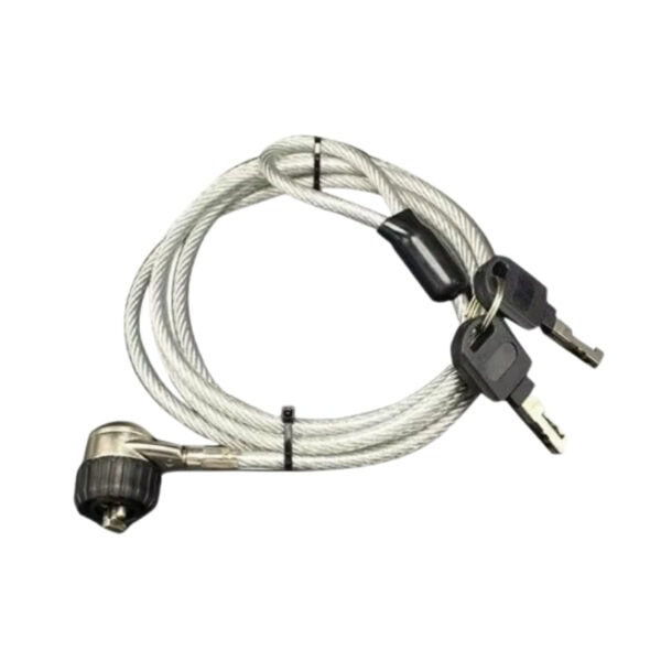 High-security steel cable lock with keys, designed to prevent laptop theft and secure electronic devices. Durable and flexible cable ideal for safeguarding laptops in public or office environments.