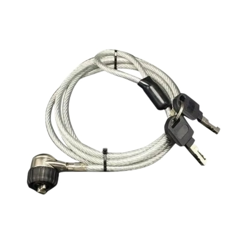 High-security steel cable lock with keys, designed to prevent laptop theft and secure electronic devices. Durable and flexible cable ideal for safeguarding laptops in public or office environments.