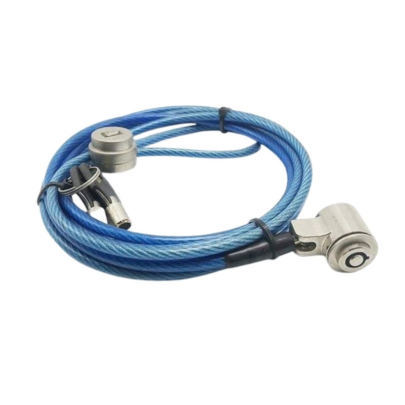 Secure your laptop with this high-security blue cable lock featuring a durable lock mechanism and key for theft prevention. Ideal for offices, airports, and travel.