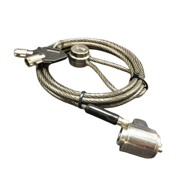 Secure laptop with high-strength steel cable lock and key for theft prevention. Durable and reliable security solution for laptops and electronic devices.
