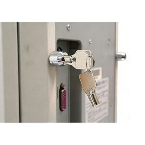 Security lock on electrical cabinet with key inserted, ensuring safe access control.