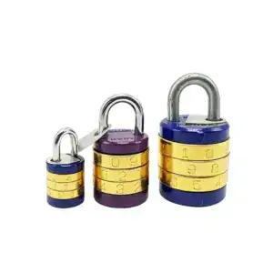 Secure small laminated padlocks with combination dials, ideal for personal and professional security needs. Durable metal construction with colorful laminated covers for easy identification.