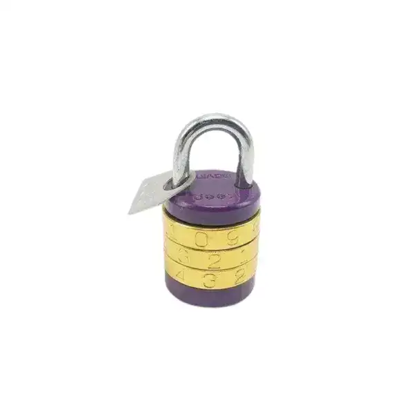 Close-up of a small laminated padlock with combination dial, ideal for securing lockers, cabinets, and personal belongings, showcasing durable construction and adjustable combination lock feature.
