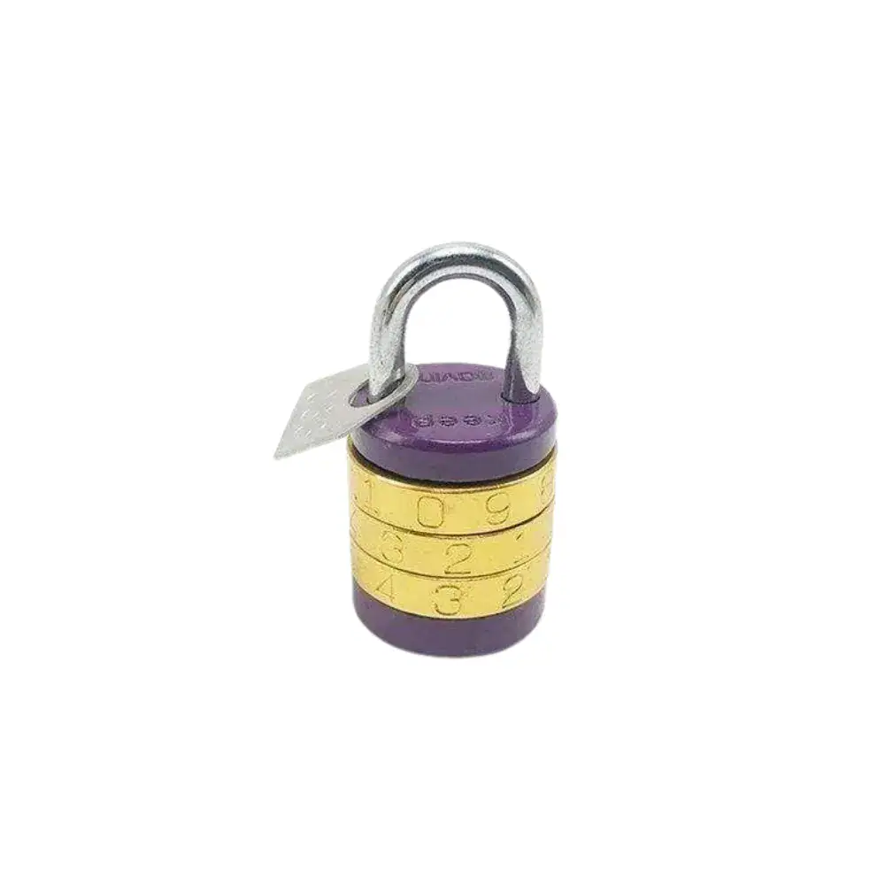 Close-up of a small laminated padlock with combination dial, ideal for securing lockers, cabinets, and personal belongings, showcasing durable construction and adjustable combination lock feature.