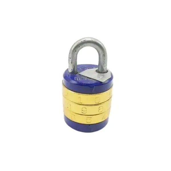 Small laminated combination padlock with adjustable dials, ideal for securing lockers, cabinets, and personal belongings. Durable design suitable for various security needs.