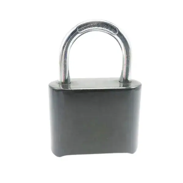 Secure metal padlock with black body and silver shackle, ideal for safes, lockers, and security applications.