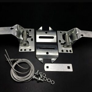 Heavy-duty metal lock mechanism for security applications. Includes steel wire, bolts, washers, and mounting brackets for reliable locking solutions. Designed for durability and strength.