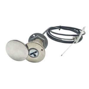 Emergency release lock for garage doors with round knob, ideal for security and safety. Durable metal construction, easy to install, and suitable for various garage door types.