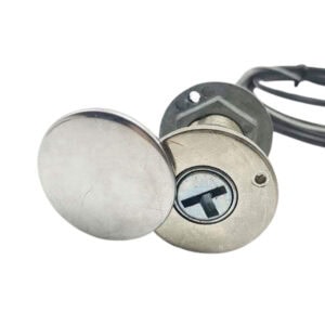 Emergency release lock for garage doors with round knob design, ideal for security and safety. Made in China, durable metal construction, suitable for various garage door types.