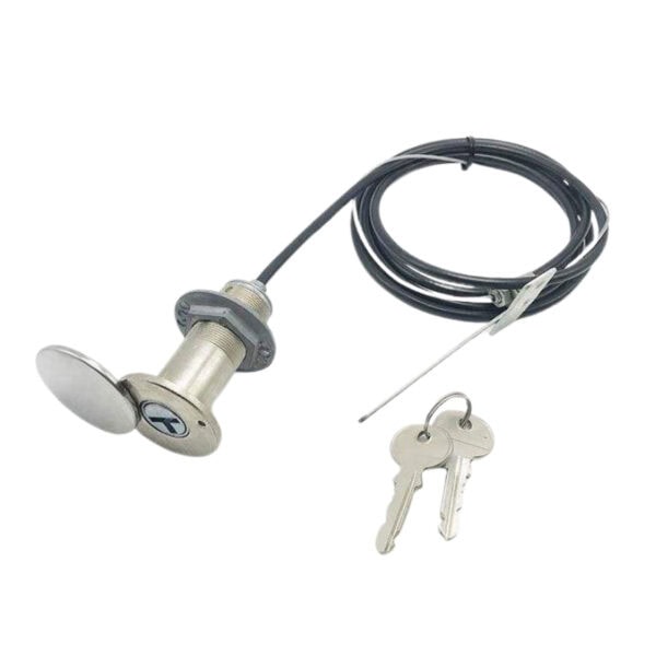 Emergency release lock with round knob for garage doors, includes keys for secure access, ideal for safety and emergency situations.