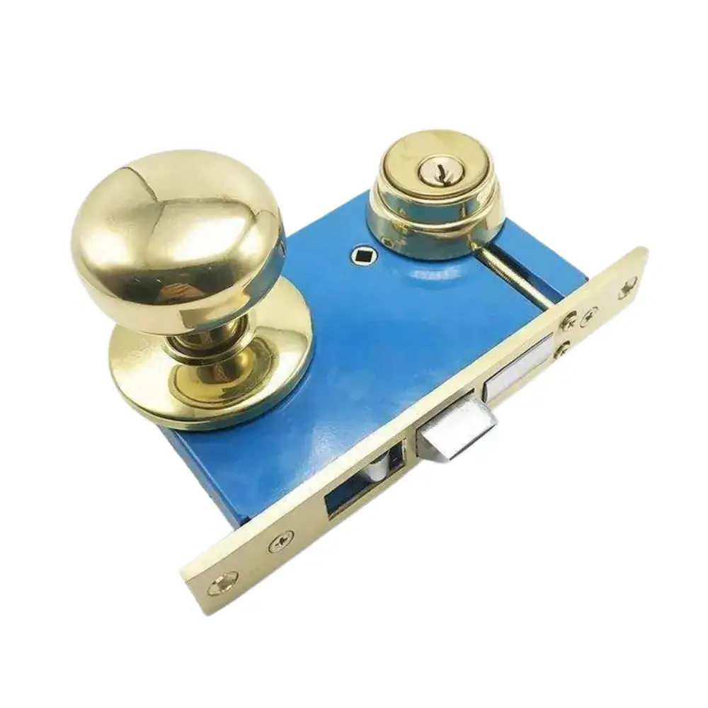 High-security keyed entry door lock featuring a gold knob and silver lock mechanism, ideal for residential and commercial doors, providing enhanced security and durability.