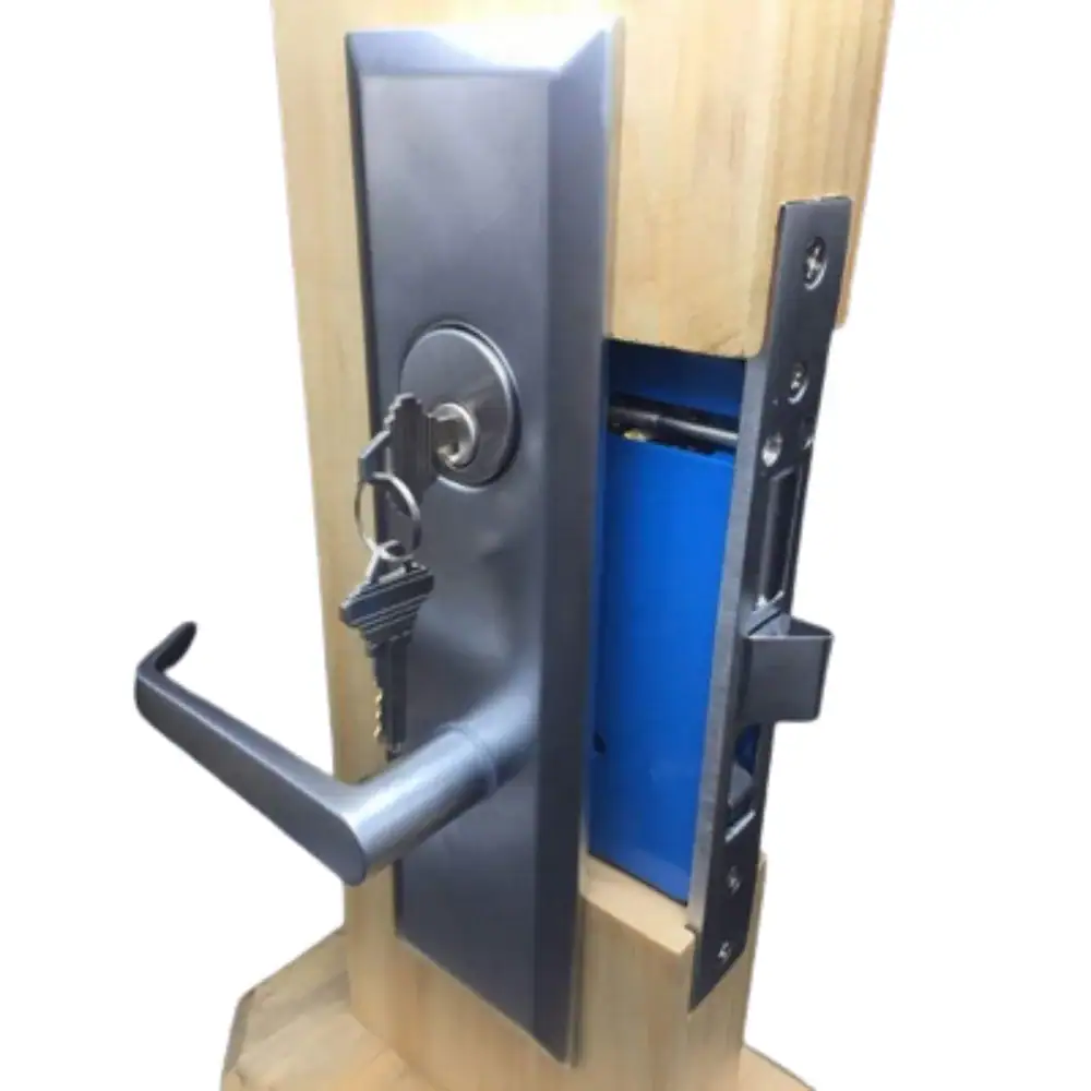 Secure door handle lock set with key, designed for mortise lock installation, featuring a sturdy metal handle and lock mechanism for enhanced security.