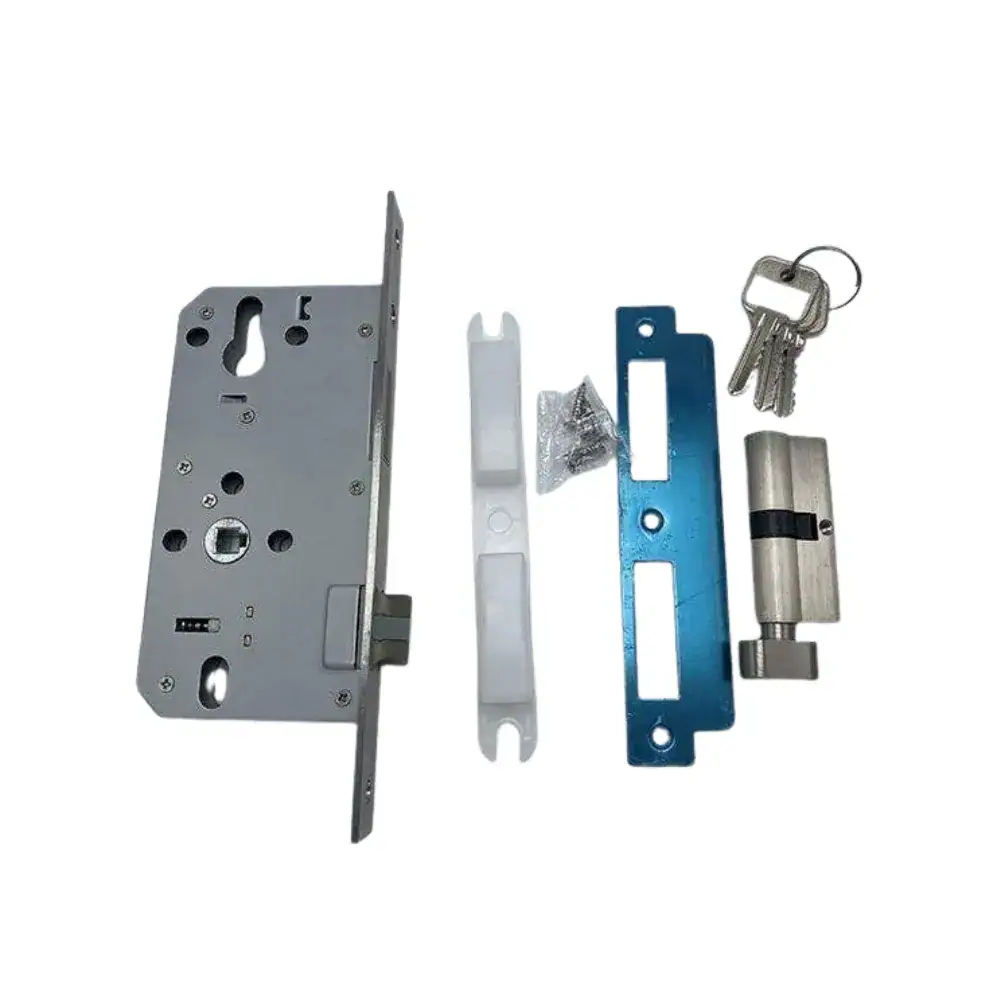 High-security U-shaped door handle lock set with key cylinder and mounting hardware for enhanced door security. Suitable for residential and commercial doors.