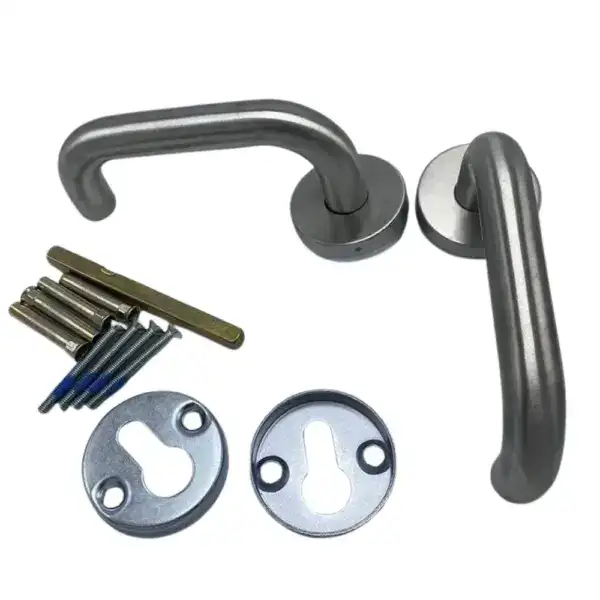 High-quality U-shaped door handle set with mounting hardware, ideal for commercial and residential doors, offering durability and easy installation.