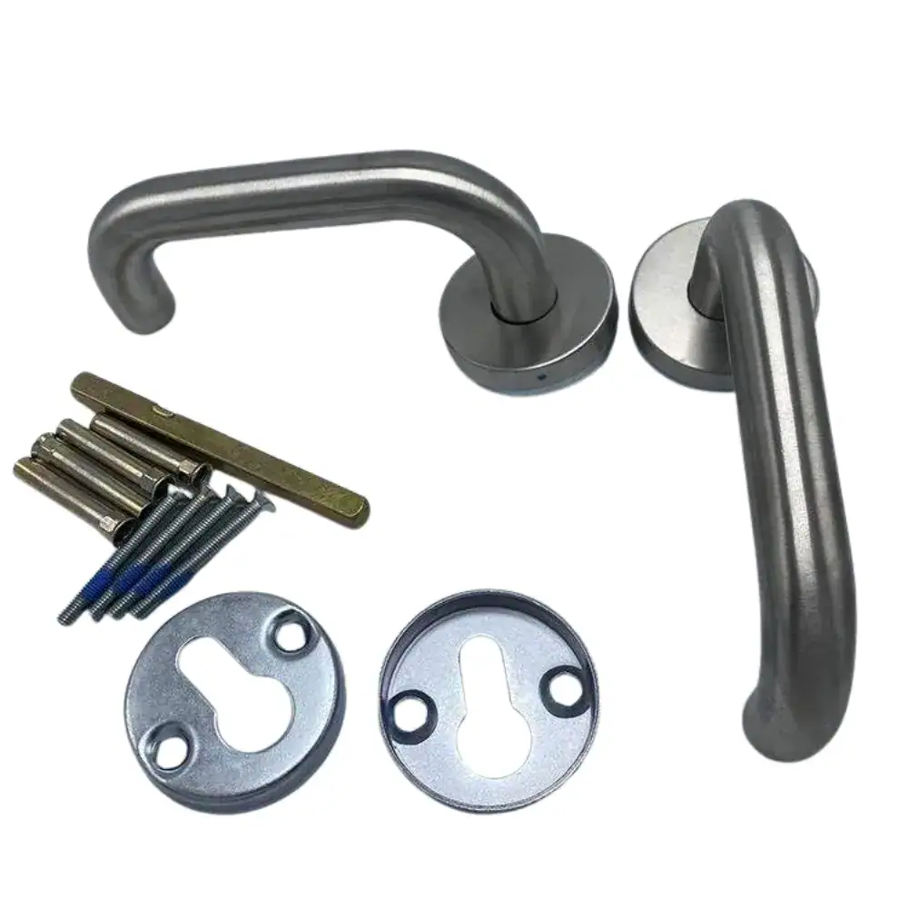 High-quality U-shaped door handle set with mounting hardware, ideal for commercial and residential doors, offering durability and easy installation.