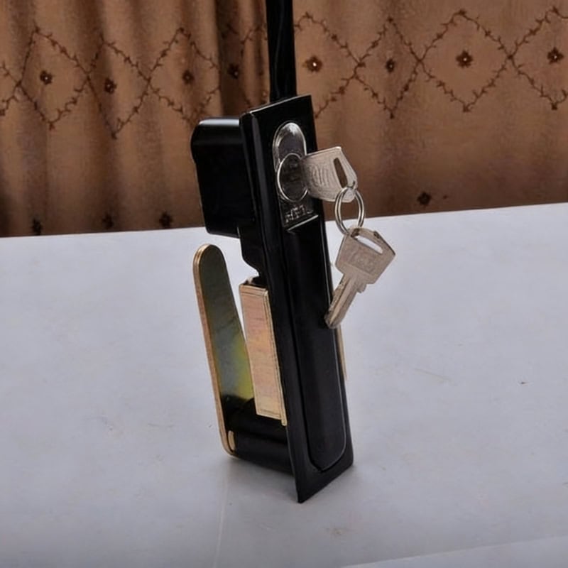 Security industrial cabinet lock with key access, designed for electrical panels and industrial cabinets, ensuring safety and restricted access.