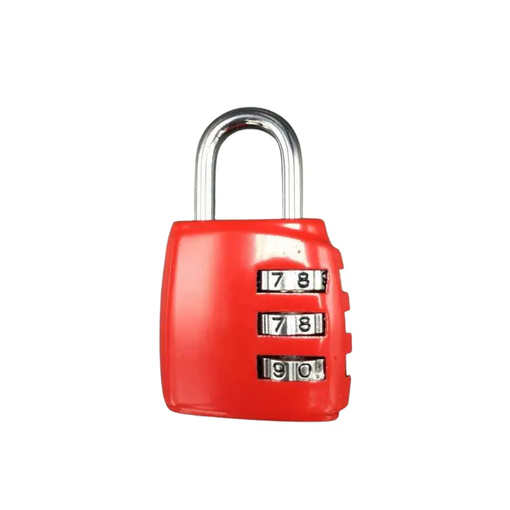 Secure 3-digit combination padlock with zinc alloy body and rubber cover for durability and weather resistance. Ideal for lockers, luggage, and storage security.