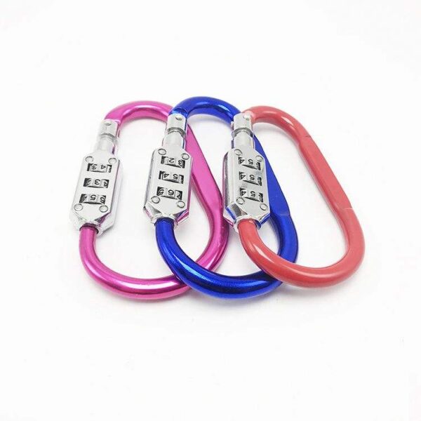 A vibrant set of pink, blue, and red bike lock carabiners featuring combination lock mechanisms for enhanced safety and security on your outdoor adventures. Perfect for bikes, luggage, or camping gear.