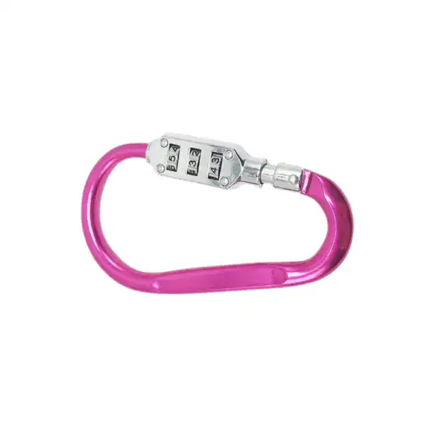 Secure pink combination lock carabiner for enhanced safety and theft prevention. Ideal for securing bags, gear, or equipment with a combination lock mechanism.