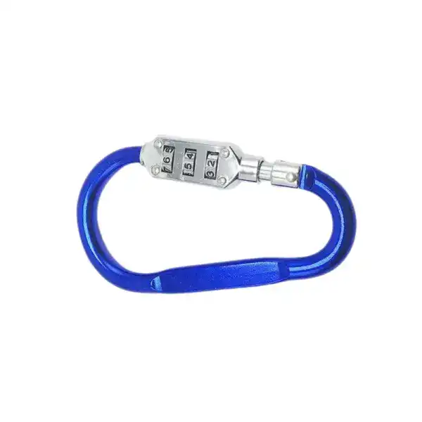 Blue carabiner with built-in combination lock, ideal for securing gear and ensuring safety during outdoor activities or storage.