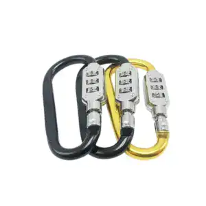 High-security combination lock carabiners in black, silver, and gold colors, designed for secure locking applications. Ideal for outdoor, industrial, and safety use, featuring uncuttable, durable cons.