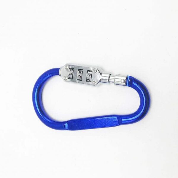 High-security blue locking carabiner with combination lock, ideal for outdoor activities, climbing, camping, and safety equipment. Durable metal construction and reliable security features enhance protection.