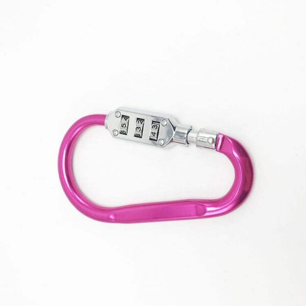 Pink combination lock carabiner, safe and stylish for travel and outdoor gear.