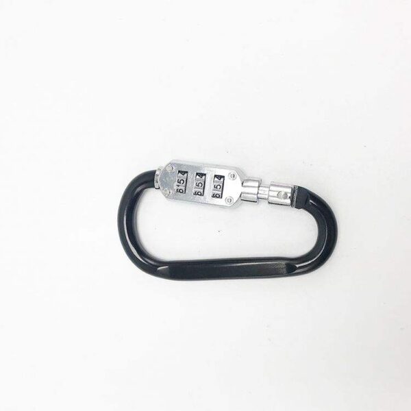 Durable black metal carabiner featuring a secure combination locking mechanism, ideal for safety, outdoor activities, climbing, and secure gear attachment.