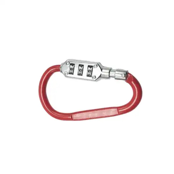 Secure red combination lock carabiner with three-digit dial, designed for high security and durability. Ideal for outdoor, travel, and safety applications, ensuring unbreakable protection.
