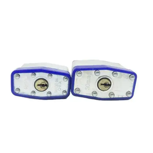 Durable laminated steel padlock with blue accents, ideal for securing lockers, gates, and storage units, offering high strength and corrosion resistance.