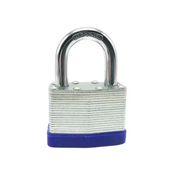 High-security laminated steel padlock with durable construction, ideal for safeguarding valuables and property.