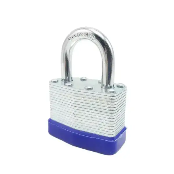 High-security laminated steel padlock with durable shackle, ideal for industrial and commercial use.