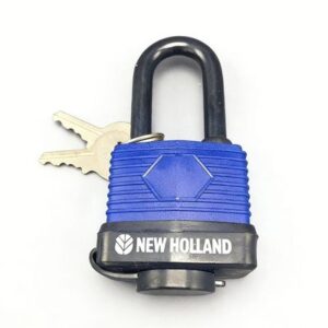 High-security New Holland padlock with durable blue and black design, featuring two keys, ideal for safeguarding valuables, doors, and storage units.