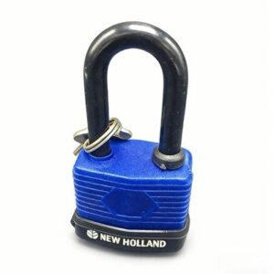 Heavy-duty blue padlock with a black shackle, ideal for security and safety purposes, available at Deepblue.