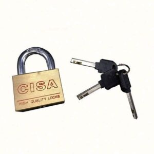 A brass high-quality padlock with "CISA" branding, accompanied by a set of three keys, ideal for enhancing security for doors, cabinets, and storage units.