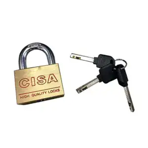 Brass keyed padlock with two keys, high security lock for doors and lockers, durable and reliable security solution.