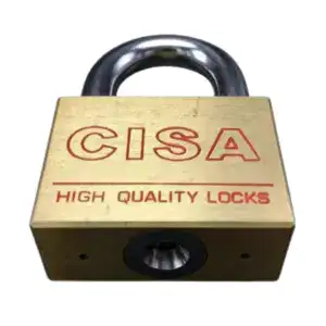 High security brass keyed padlock with CISA branding, ideal for securing doors and lockers. Durable construction ensures reliable protection, perfect for commercial and residential use.