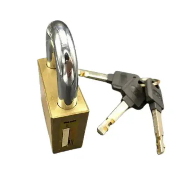 A brass keyed padlock with a shiny metal shackle and two keys, ideal for securing doors, gates, or lockers. Perfect for high-quality lock applications, emphasizing durability and reliability.