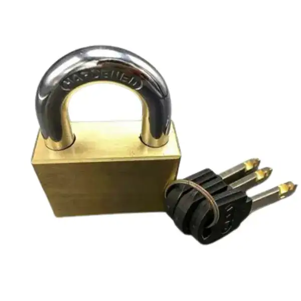 Heavy-duty brass keyed padlock with durable shackle, ideal for securing gates, lockers, and storage units, offering reliable protection and high-quality craftsmanship.