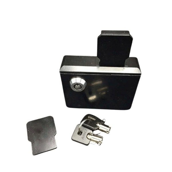 Locking storage locker with coin-operated access and key lock system for supermarket phone charging stations.