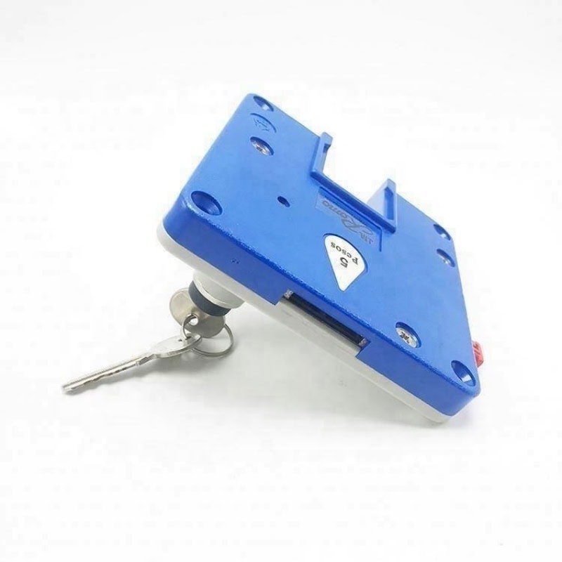 Operated cabinet lock with master key for vending machines and lockers. Durable blue metal lock designed for reliable security in commercial applications.